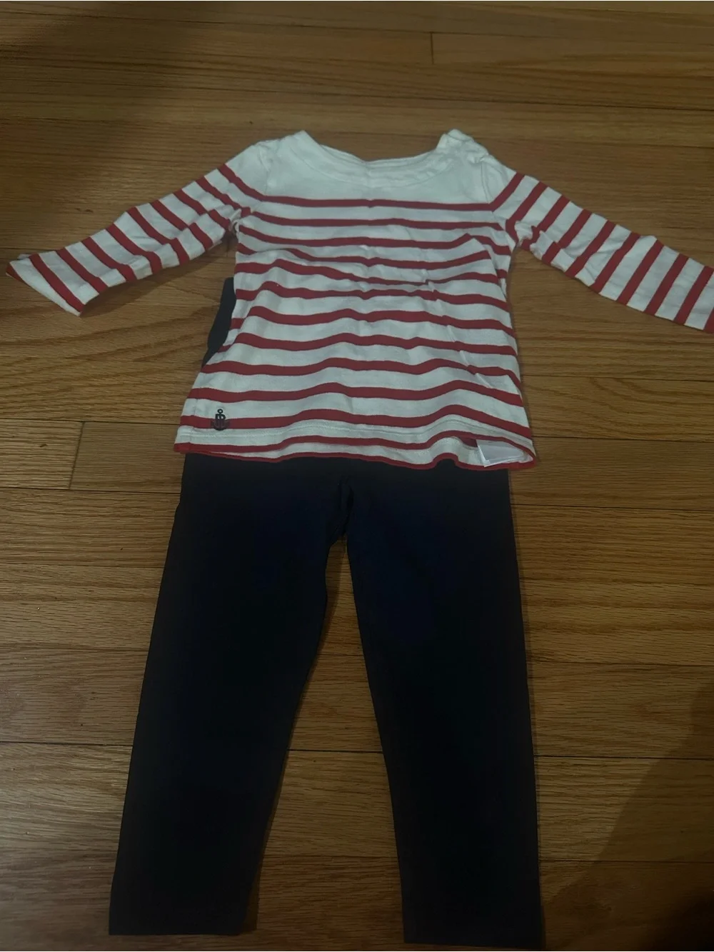 Red & White Striped Long Sleeve Top with Navy Leggings